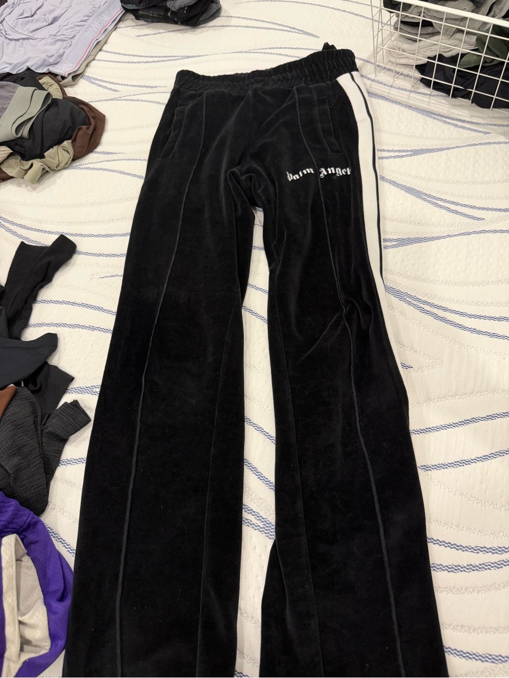 Palm Angels Black Velvet Wide-Leg Track Pants with White Side Stripe